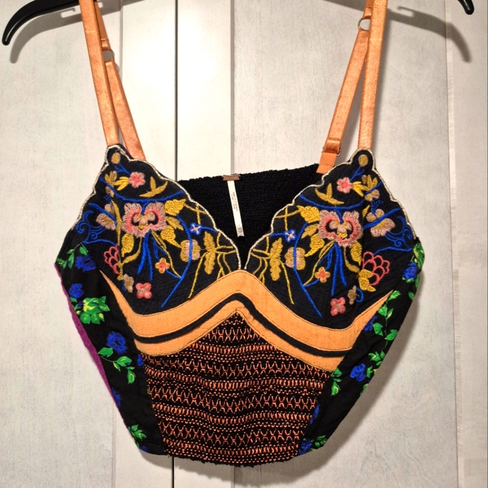Free People Embroidered Floral Intimate Top - Black and Orange